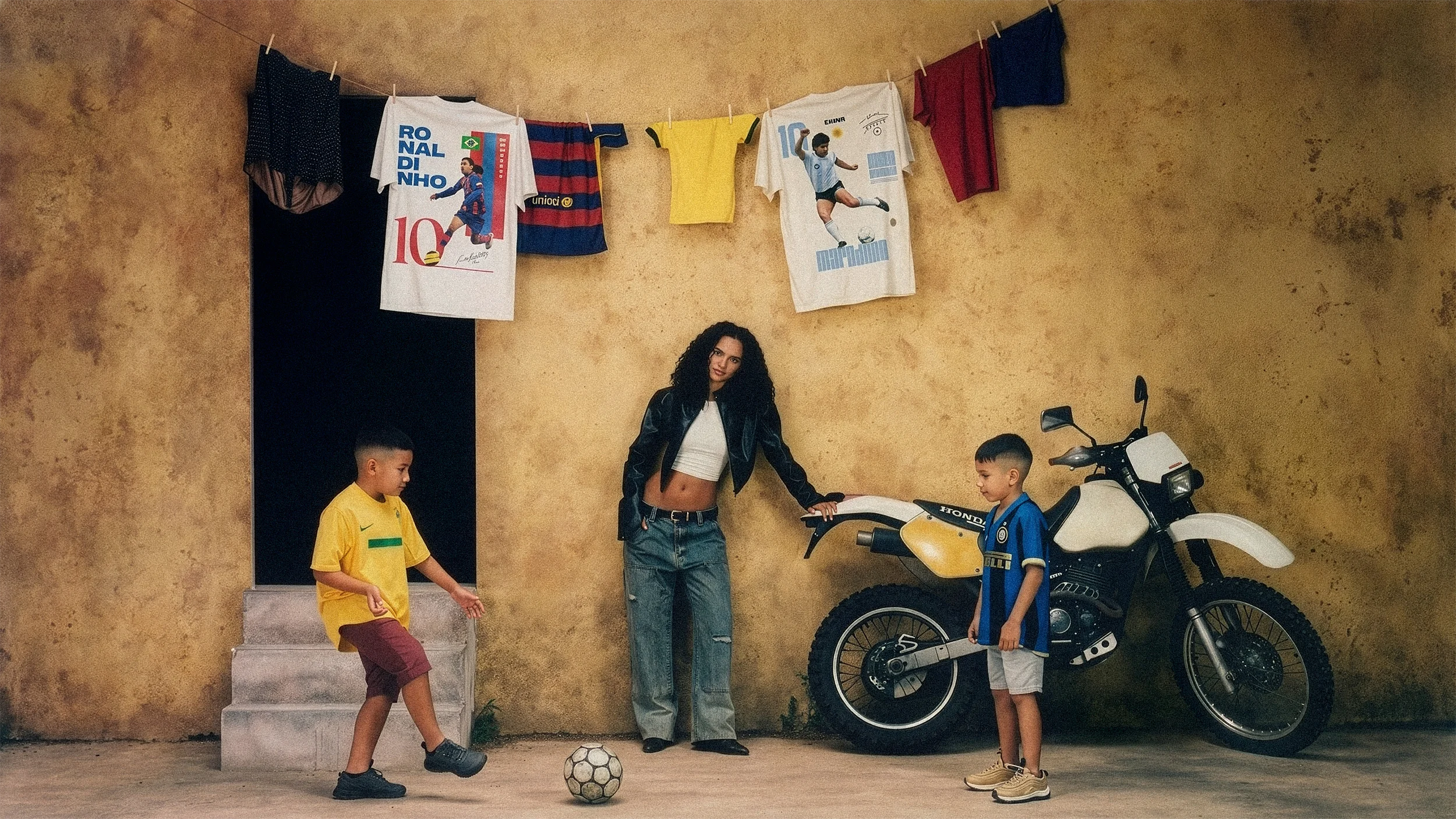 Woman with two children in front of a motorcycle and wall with hanging clothes